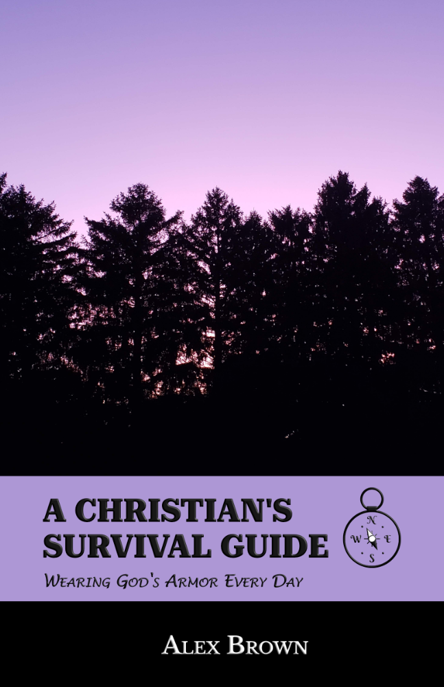 Cover of 'A Christian's Survival Guide: Wearing God's Armor Every Day' by Alex Brown, featuring a silhouette of trees against a purple and pink sky.